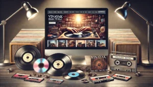 dall·e 2024 10 22 11.28.43 a professional e commerce themed banner representing vinayak music world, an online store selling pre owned vintage products. the image shows a blend