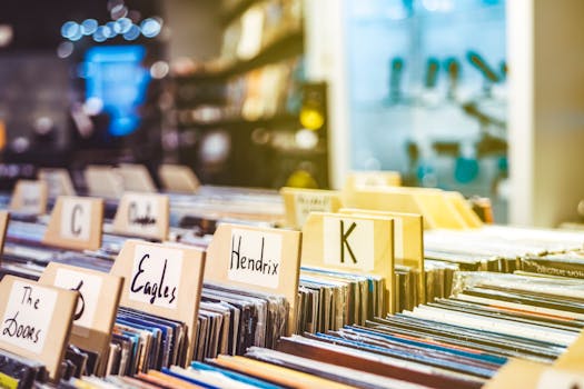 Explore the charm of a vintage vinyl record store with diverse classic albums on display.